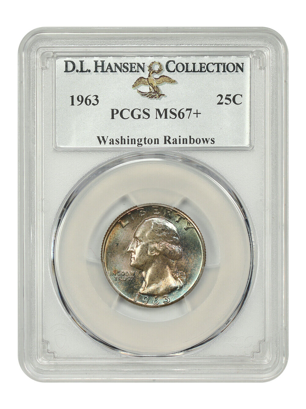 1963 25C PCGS MS67+ ex: D.L. Hansen/Washington Rainbows - Washington Quarter