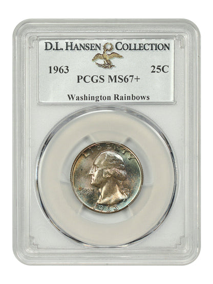 1963 25C PCGS MS67+ ex: D.L. Hansen/Washington Rainbows - Washington Quarter