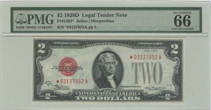 1928D $2 Legal Tender Note FR#1505* Star Note PMG 66 EPQ Gem Unc