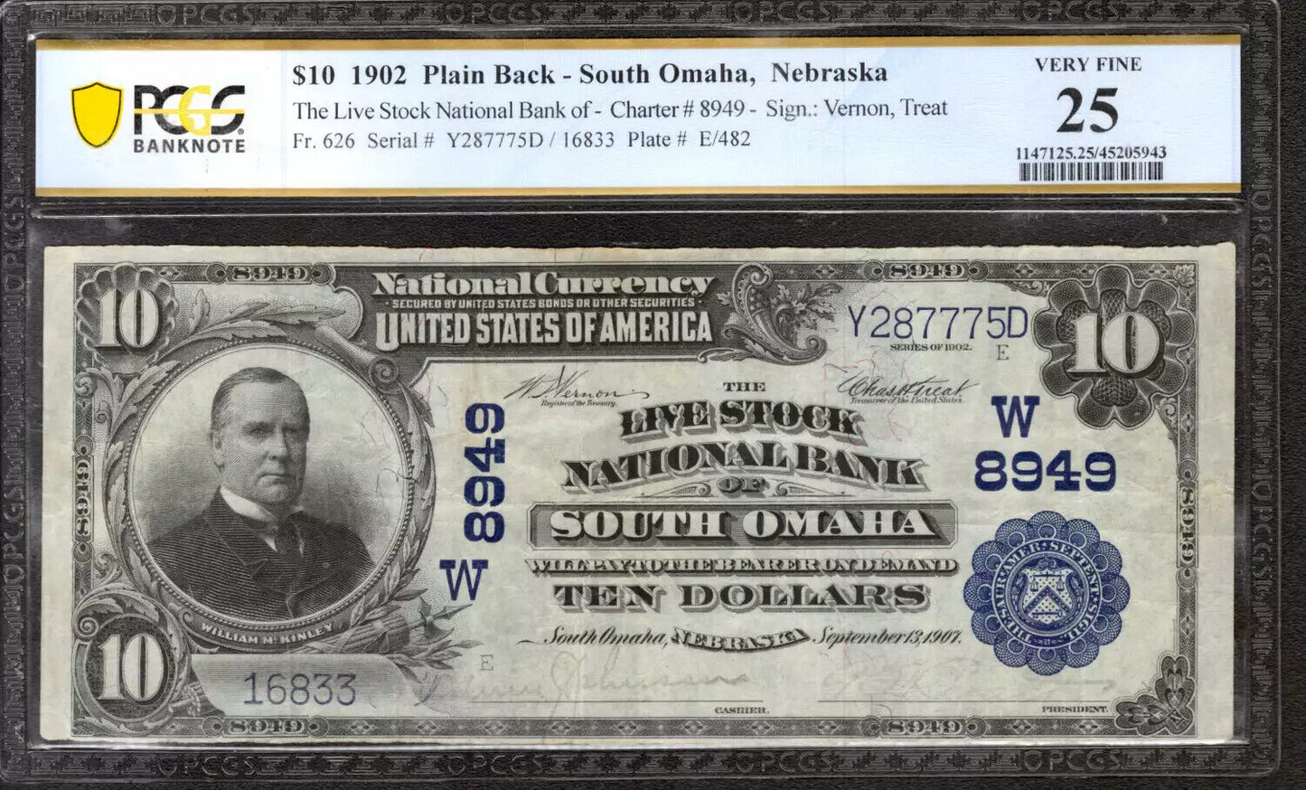 1902 $10 LIVE STOCK NATIONAL BANKNOTE CURRENCY OMAHA NEBRASKA PCGS 25 VF (775D)