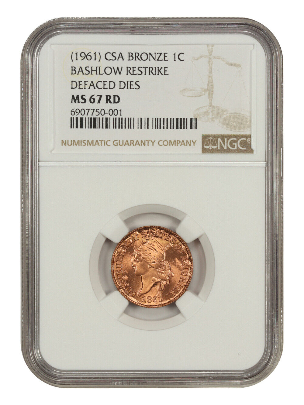 CSA: (1961) Bronze 1c Bashlow NGC MS67RD (Restrike, Defaced Dies) - Other