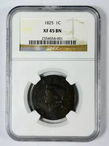 1825 P Large Cents Coronet Head NGC XF-45 BN