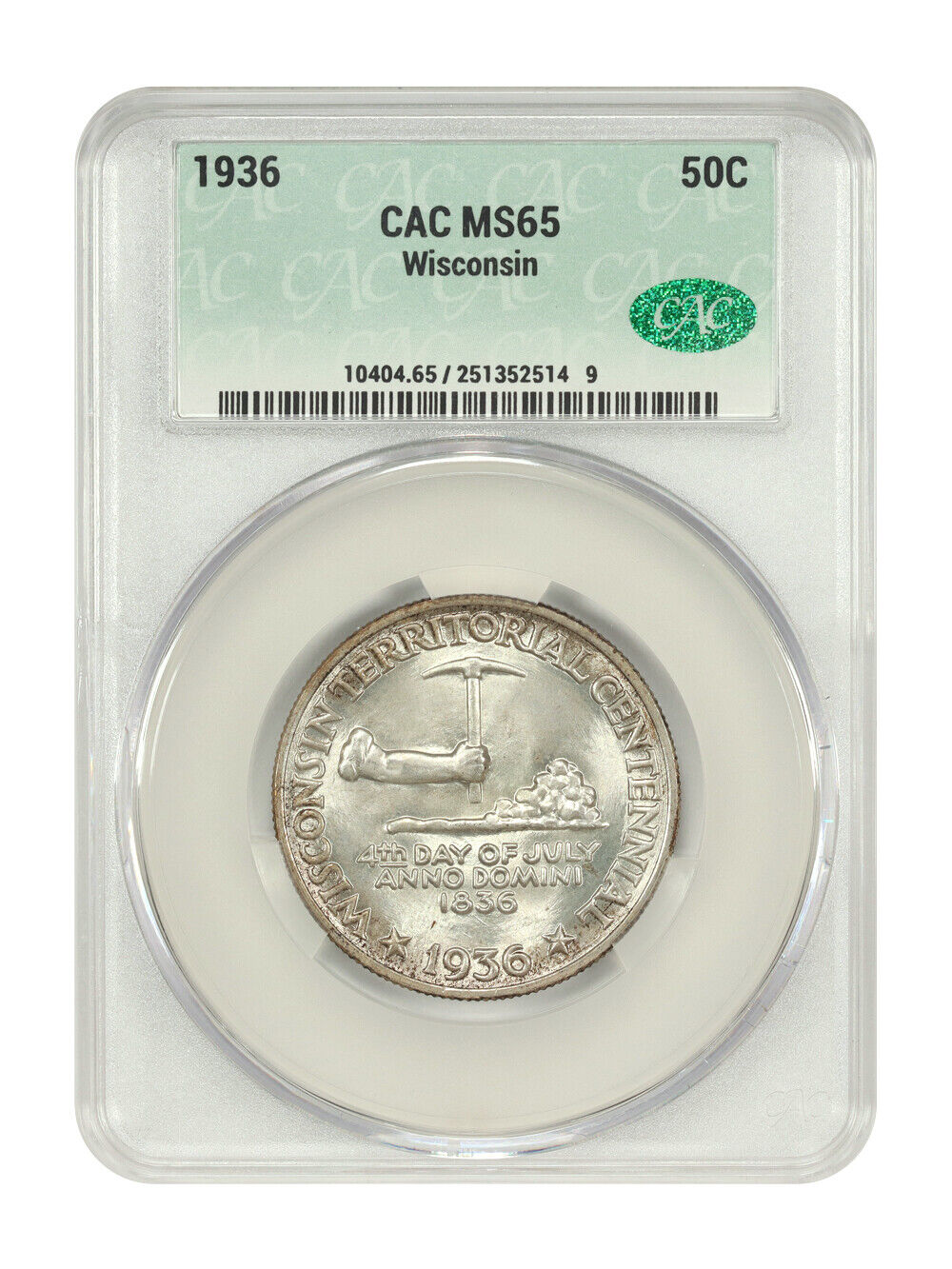 1936 50C Wisconsin CACG MS65 - Classic Silver Commemorative - Lustrous Gem