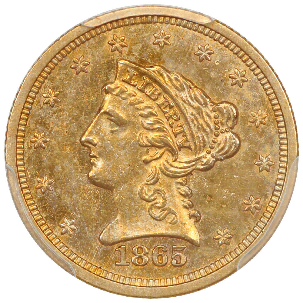 1865 $2.50 PCGS AU58+ ex: D.L. Hansen - Liberty Head $2.5 - Only Two Finer