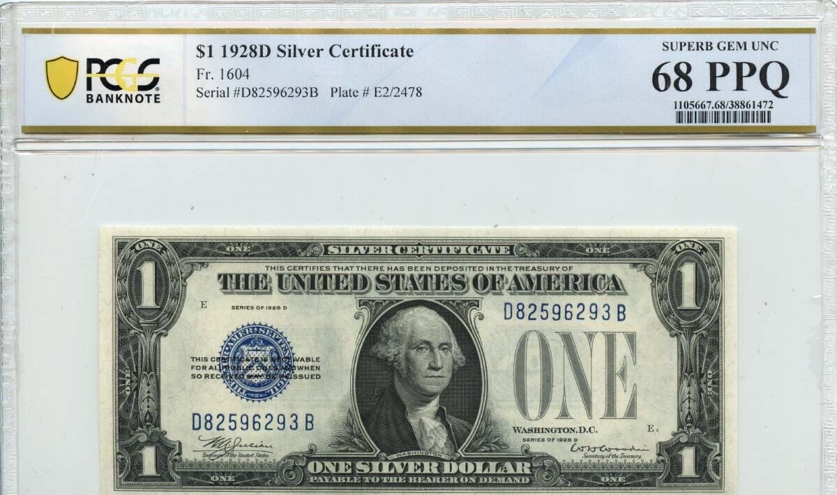 1928D $1 Silver Certificate Blue Seal FR# 1604 PCGS Superb 68 PPQ