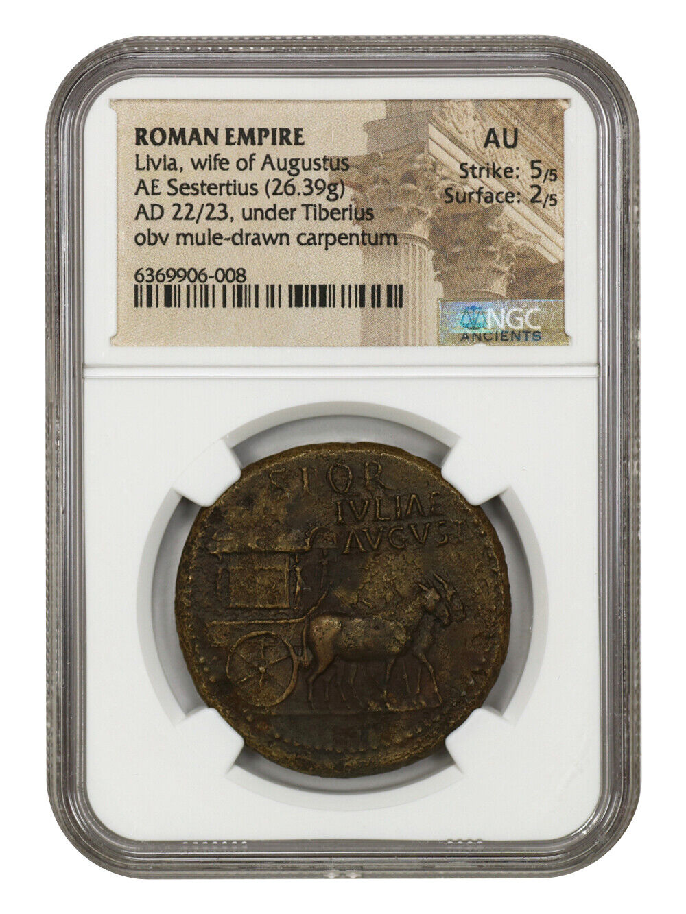 Ancient Roman: Livia (Wife of Augustus) (AD 22/23) AE Sestertius NGC AU