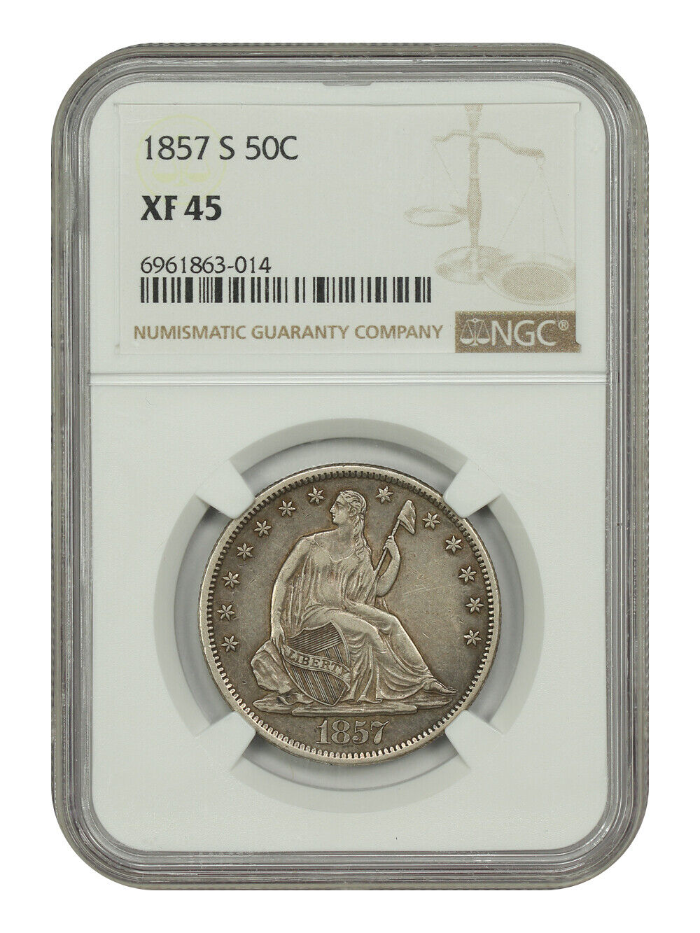 1857-S 50C NGC XF45 - Liberty Seated Half Dollar - Key Date Seated Half