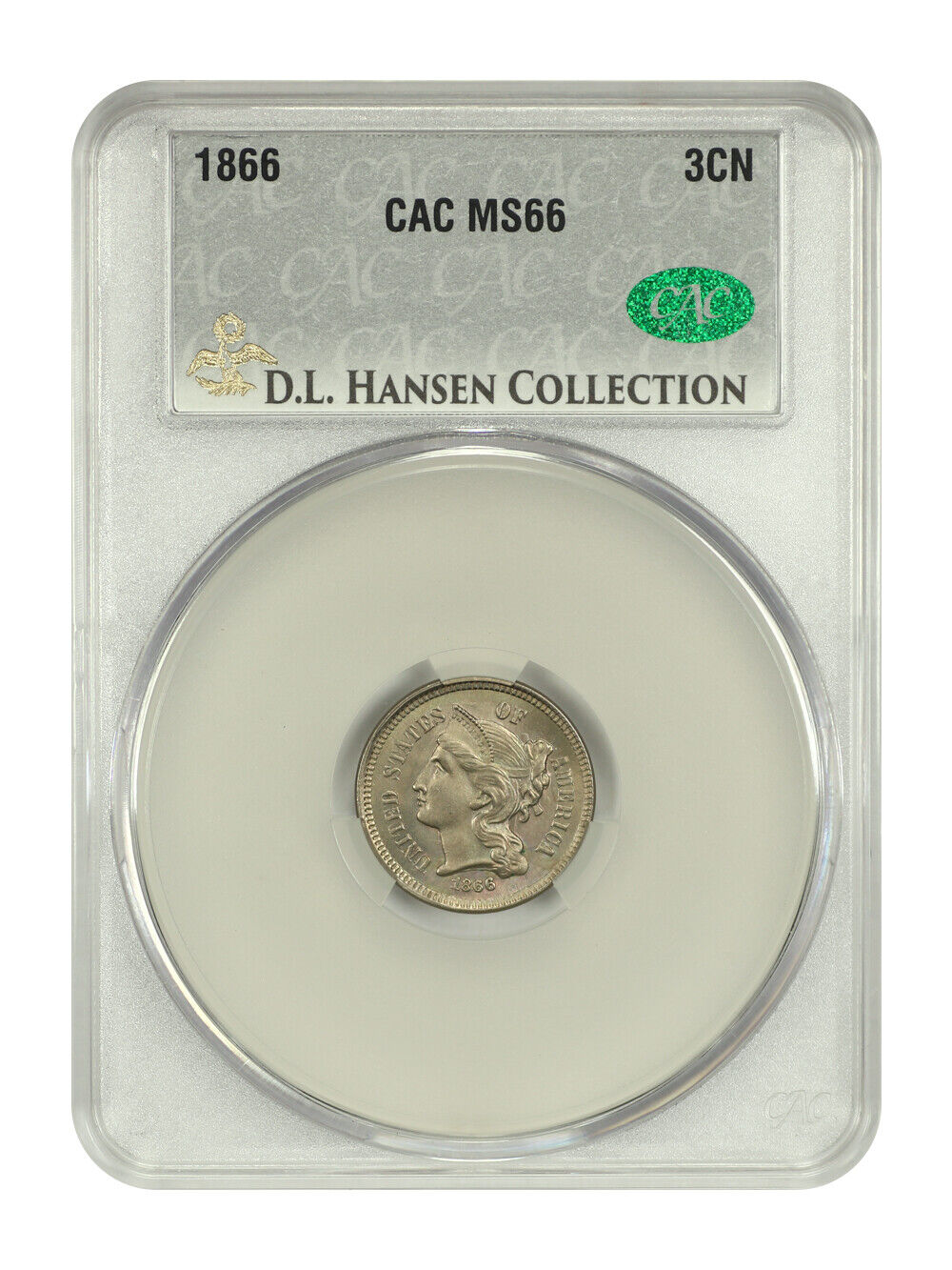 1866 3CN CACG MS66 ex: D.L. Hansen - Three Cent Nickel