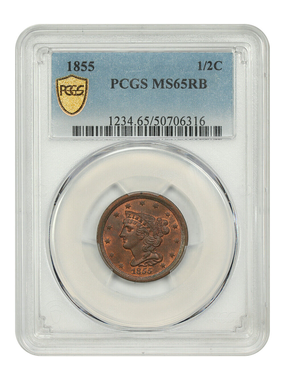 1855 1/2C PCGS MS65RB - Braided Hair Half Cent - Tough in RB!