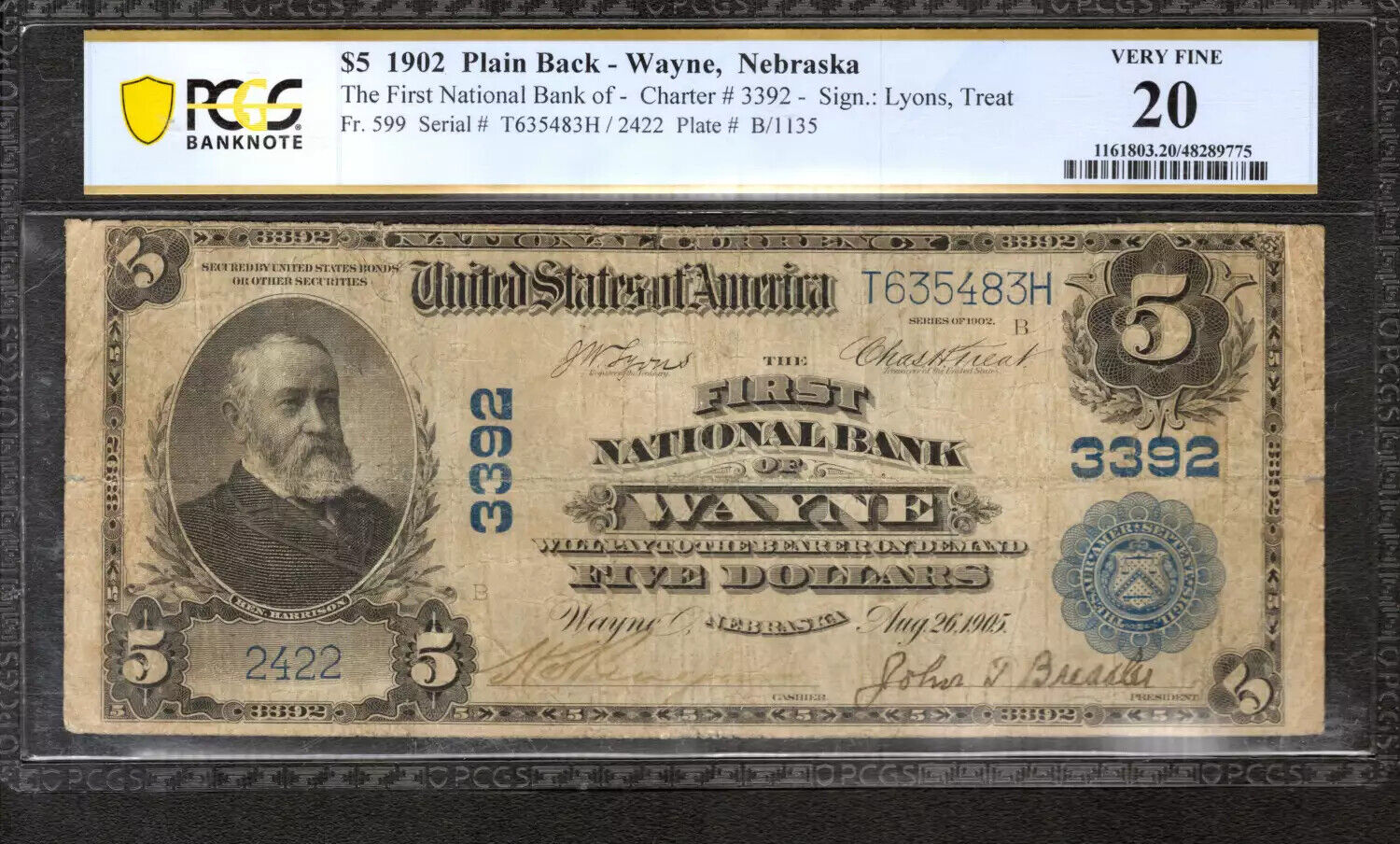 1902 $5 FIRST NATIONAL BANKNOTE CURRENCY FR.599 WAYNE NEBRASKA PCGS 20 VF (483H)