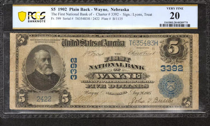 1902 $5 FIRST NATIONAL BANKNOTE CURRENCY FR.599 WAYNE NEBRASKA PCGS 20 VF (483H)