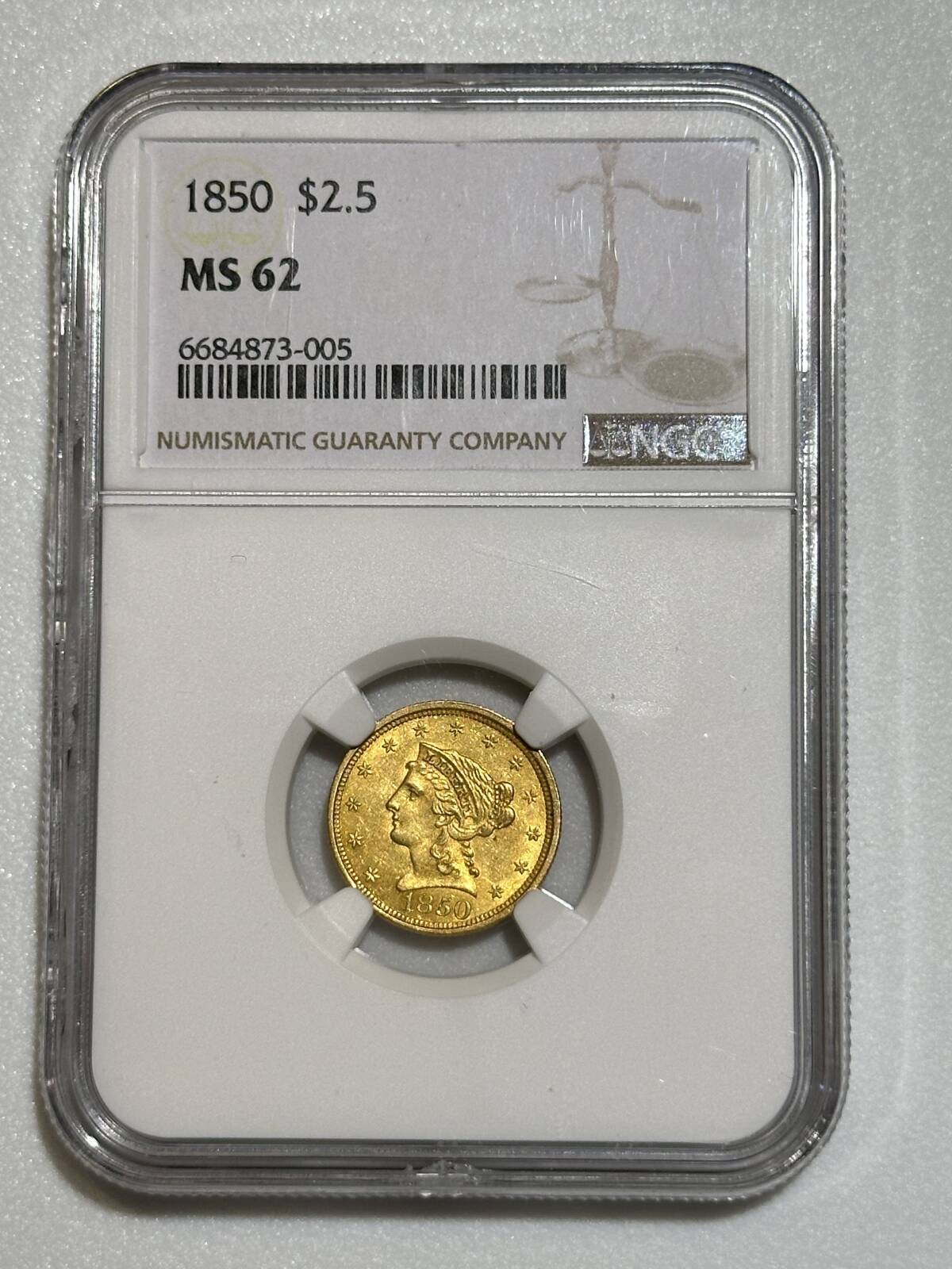 1850 P $2.50 Gold Liberty Head Quarter Eagle NGC MS-62