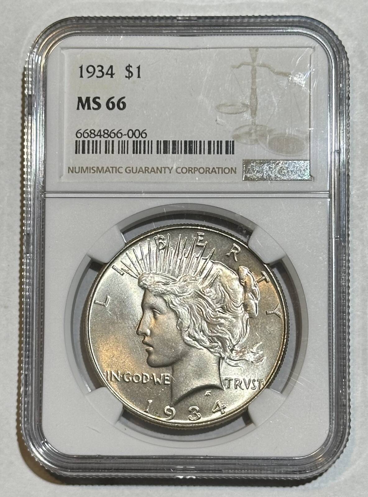 1934 P Peace Dollar NGC MS-66 CLEAN AND PRETTY