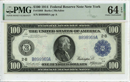 1914 $100 Federal Reserve Note NY Blue Burke McAdoo Fr#1088 PMG CU64 EPQ