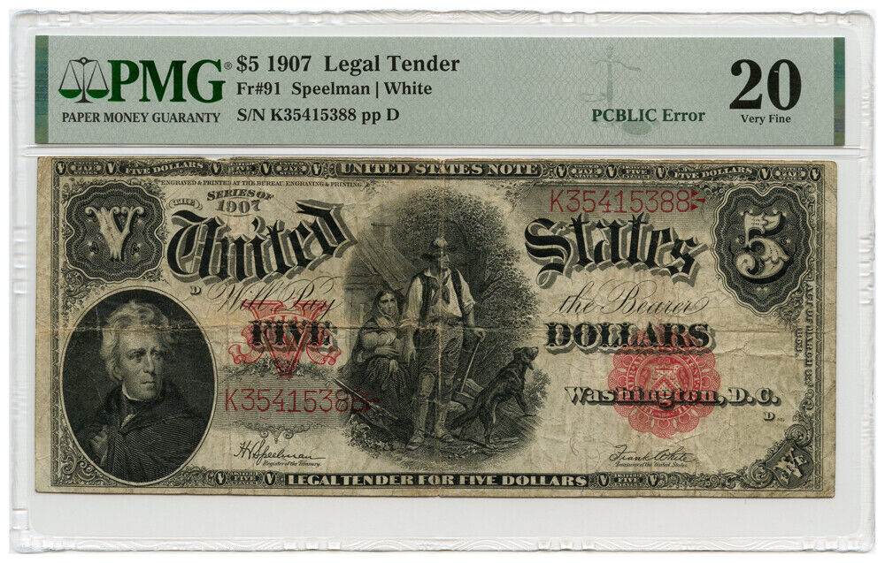 FR. 91 1907 $5 Legal Tender PMG VF20 (PCBLIC Error) - Other