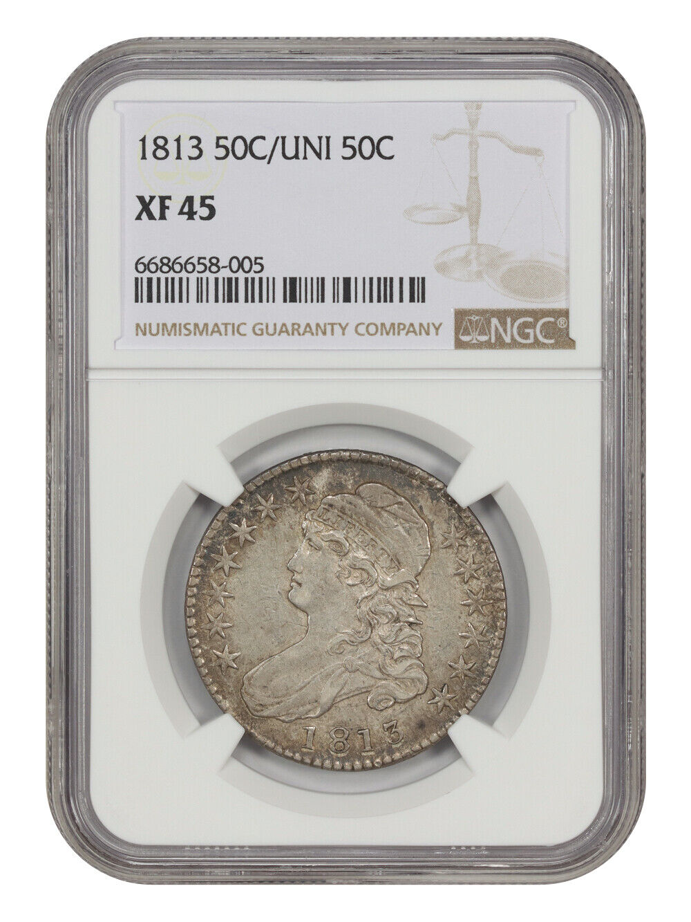 1813 50C NGC XF45 (50C/UNI) - Capped Bust Half Dollar - Fascinating Die Variety