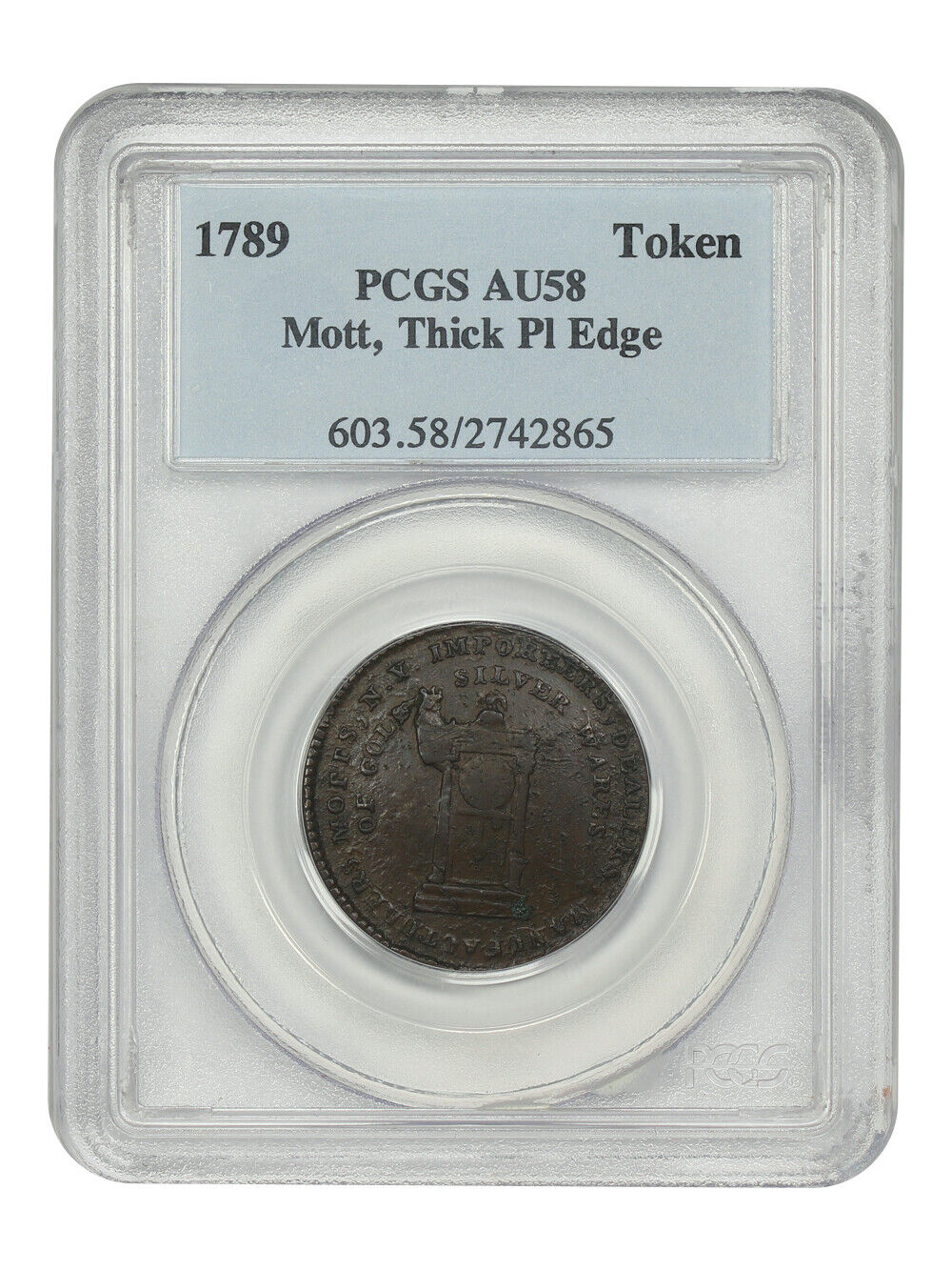 1789 Mott Token PCGS AU58 (Thick Plain Edge) - Colonials - Rare, Yet Affordable