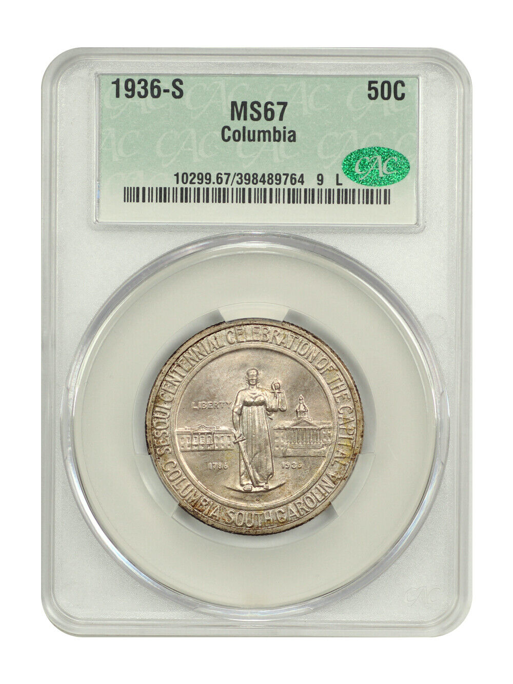 1936-S 50C Columbia CACG MS67 - Classic Silver Commemorative - Stunning Quality