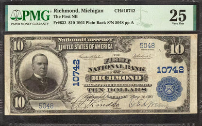 1902 $10 FIRST NATIONAL BANKNOTE CURRENCY RICHMOND MICHIGAN PMG 25 VF (048)