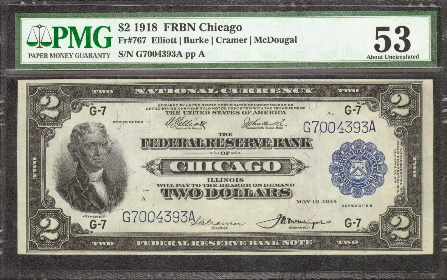 1918 $2 FEDERAL RESERVE BANKNOTE CURRENCY CHICAGO ILLINOIS PMG AU 53 UNC (393A)