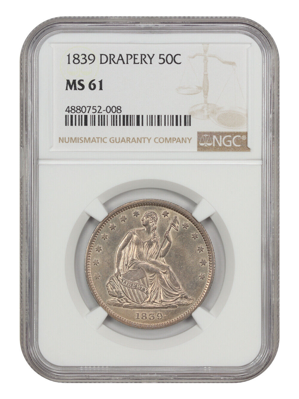 1839 50C NGC MS61 (Drapery) - Liberty Seated Half Dollar