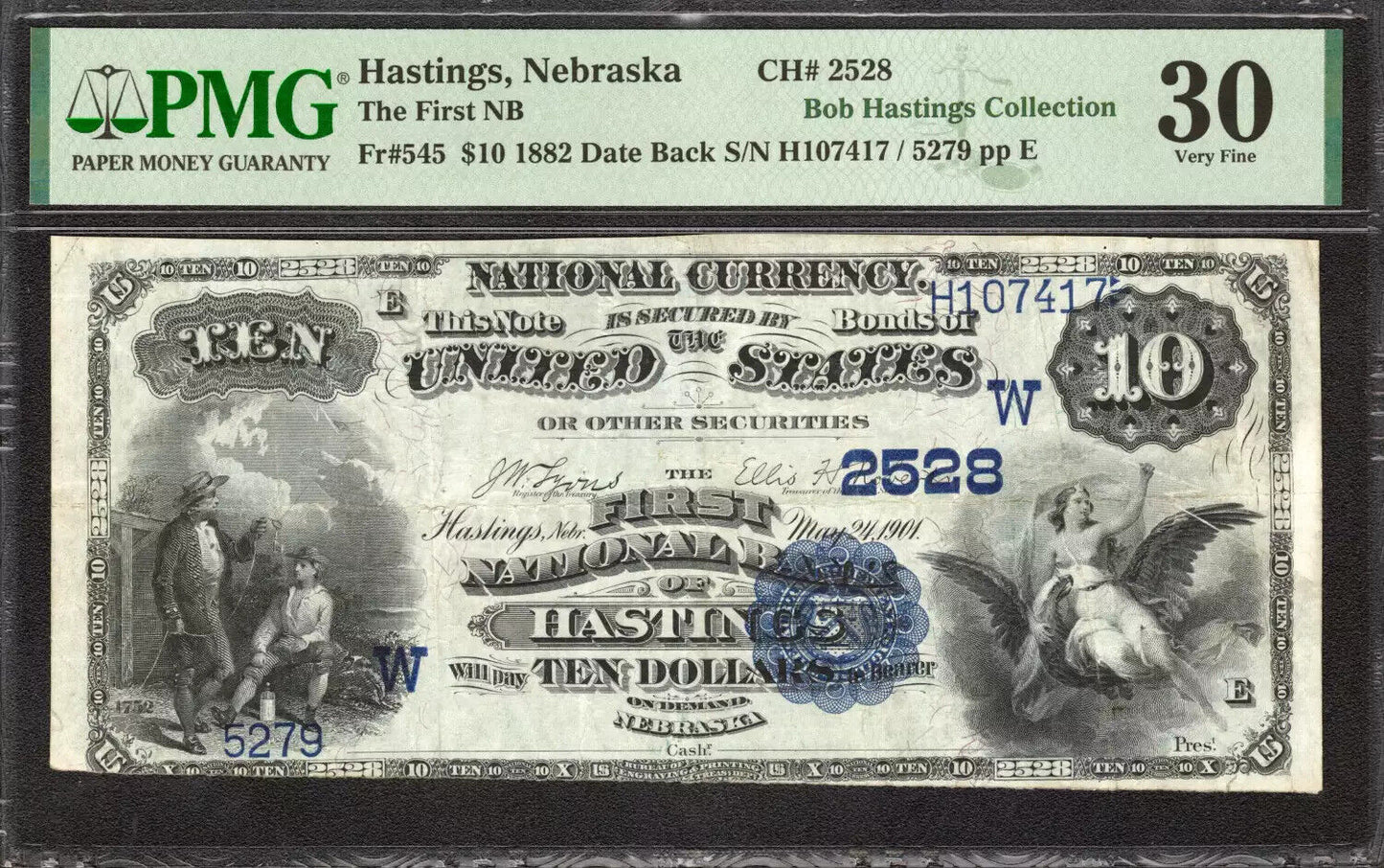 1882 $10 FIRST NATIONAL BANKNOTE CURRENCY HASTINGS NE FR.545 PMG 30 VF (055)