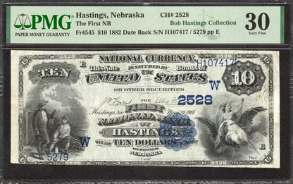 1882 $10 FIRST NATIONAL BANKNOTE CURRENCY HASTINGS NE FR.545 PMG 30 VF (055)