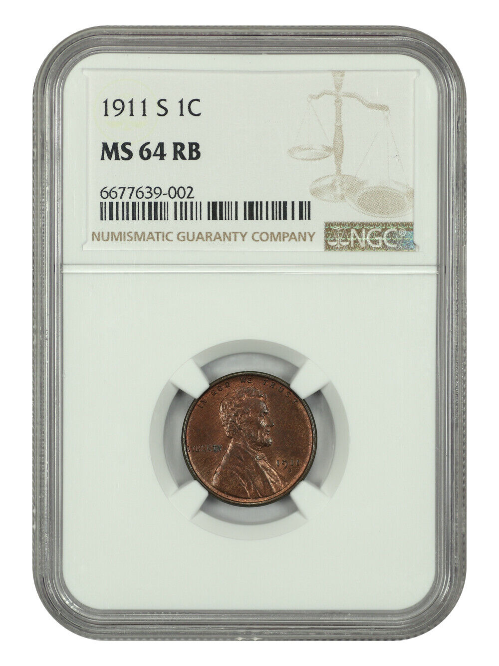 1911-S 1C NGC MS64RB