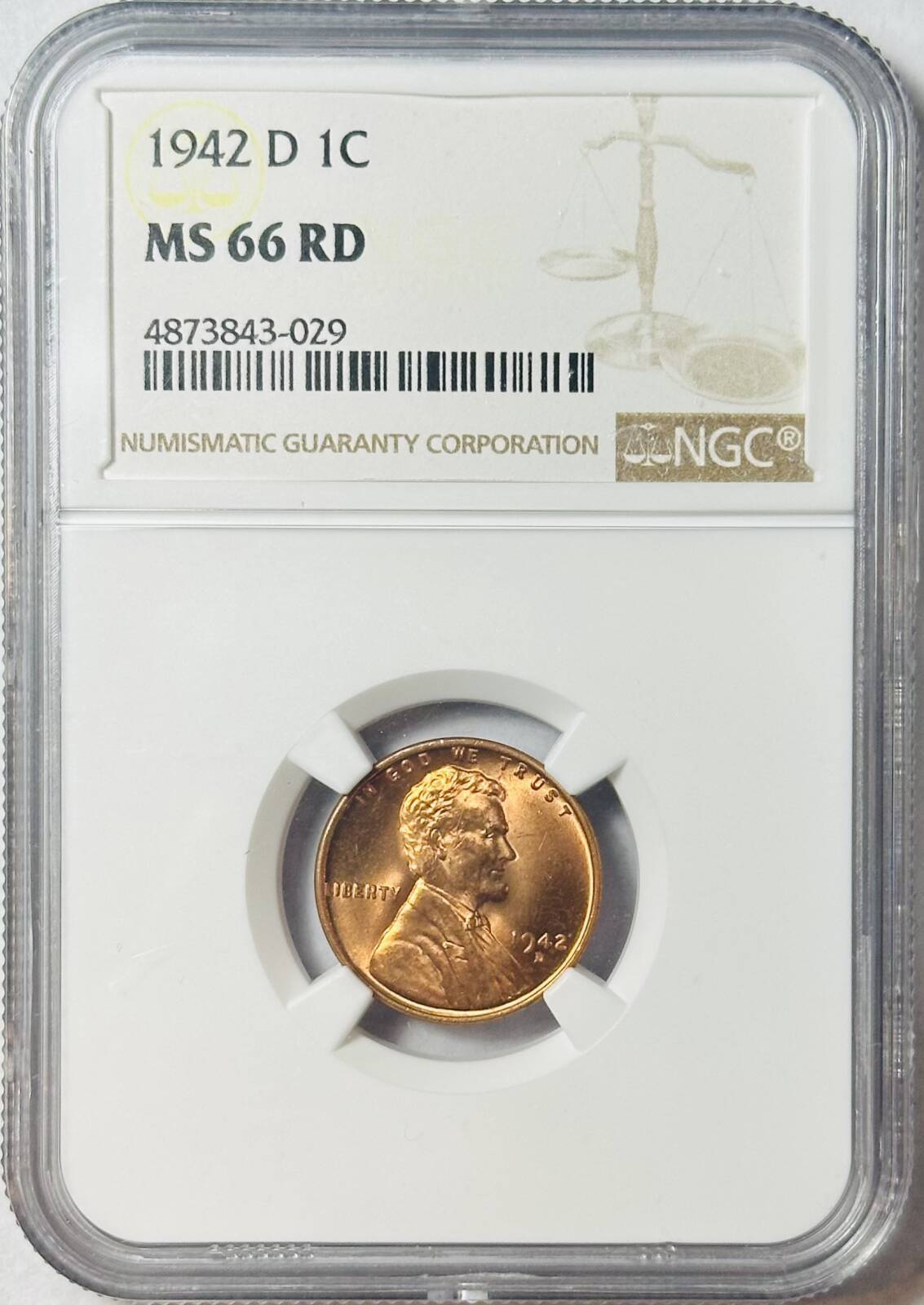 1942 D Small Cents Lincoln, Wheat Ears Reverse NGC MS-66 RD