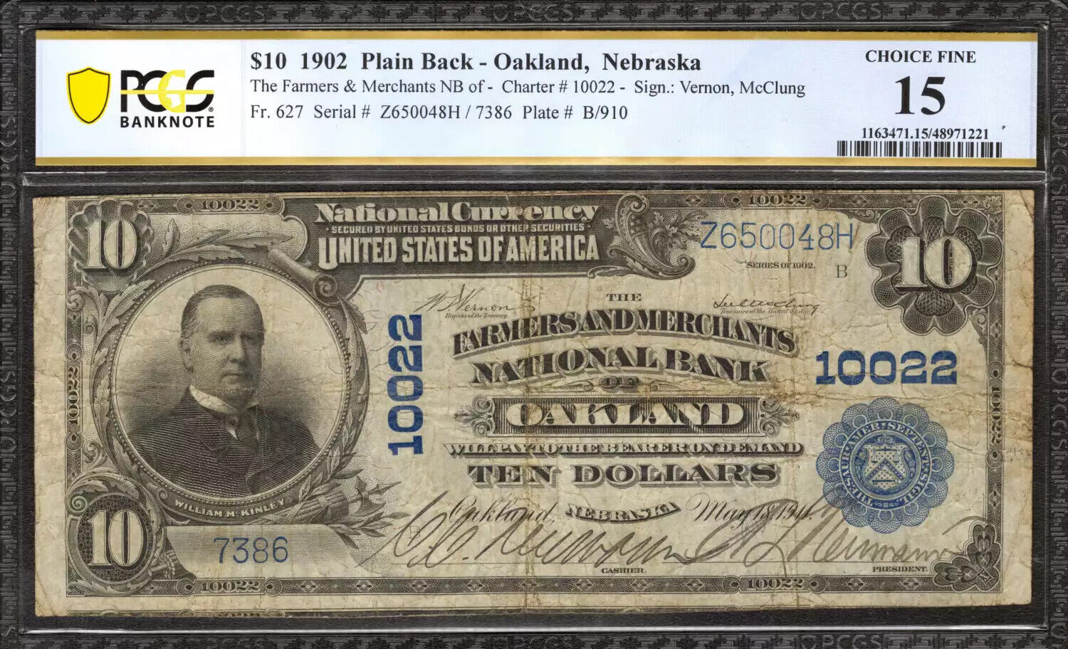 1902 $10 FARMERS & MERCHANTS NATIONAL BANKNOTE OAKLAND NEBRASKA PCGS 15 CF (048H