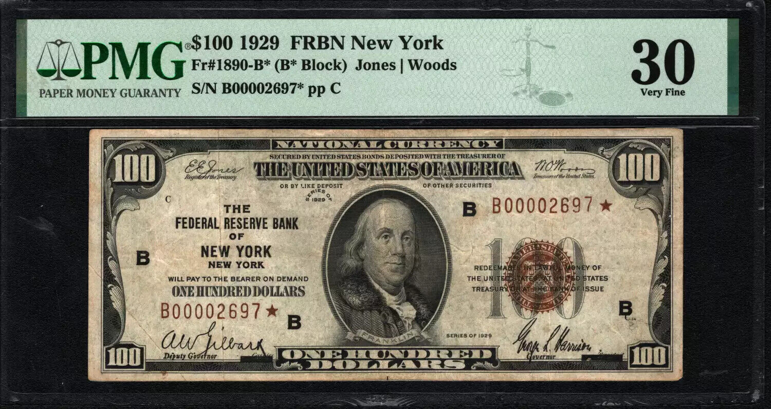 1929 $100 FRBN STAR NOTE NEW YORK FR.1890-B JONES WOODS PMG VF 30 (697*)