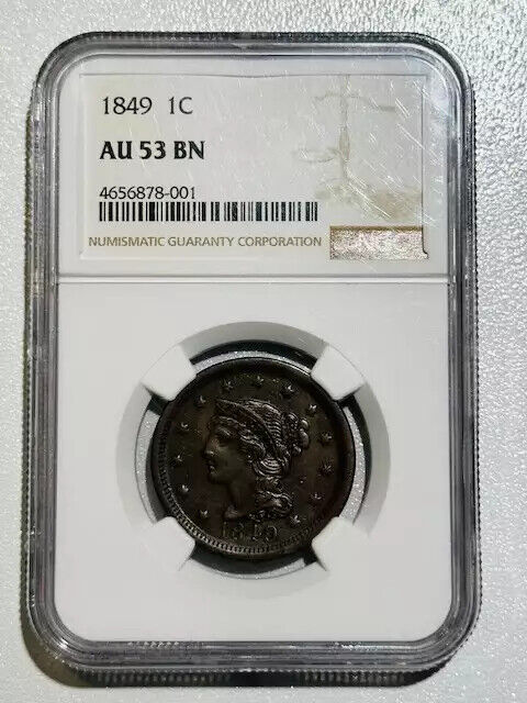 1849 P Braided Hair Large Cent NGC AU-53 BN