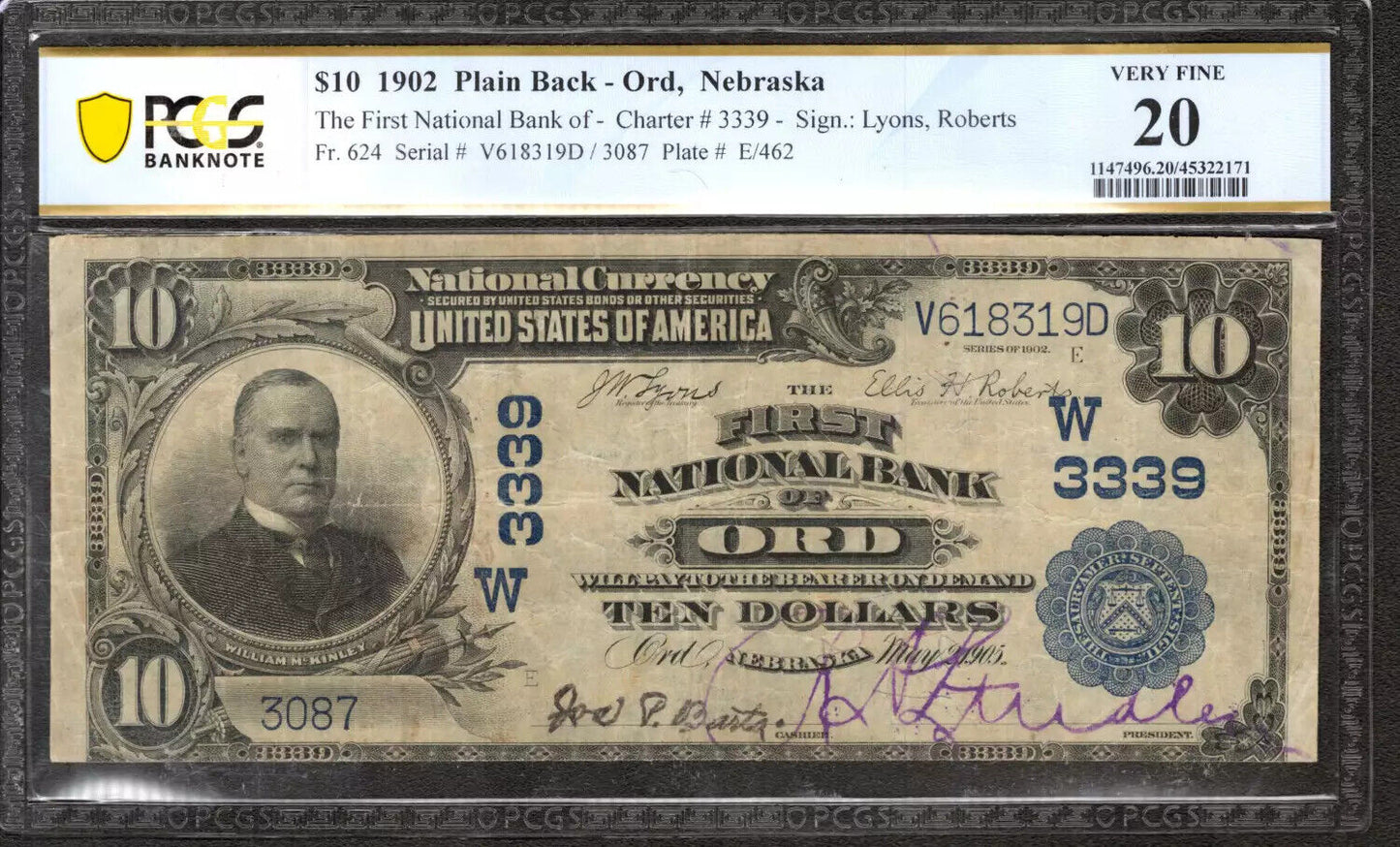 1902 $10 FIRST NATIONAL BANKNOTE CURRENCY FR.624 ORD NEBRASKA PCGS 20 VF (319D)