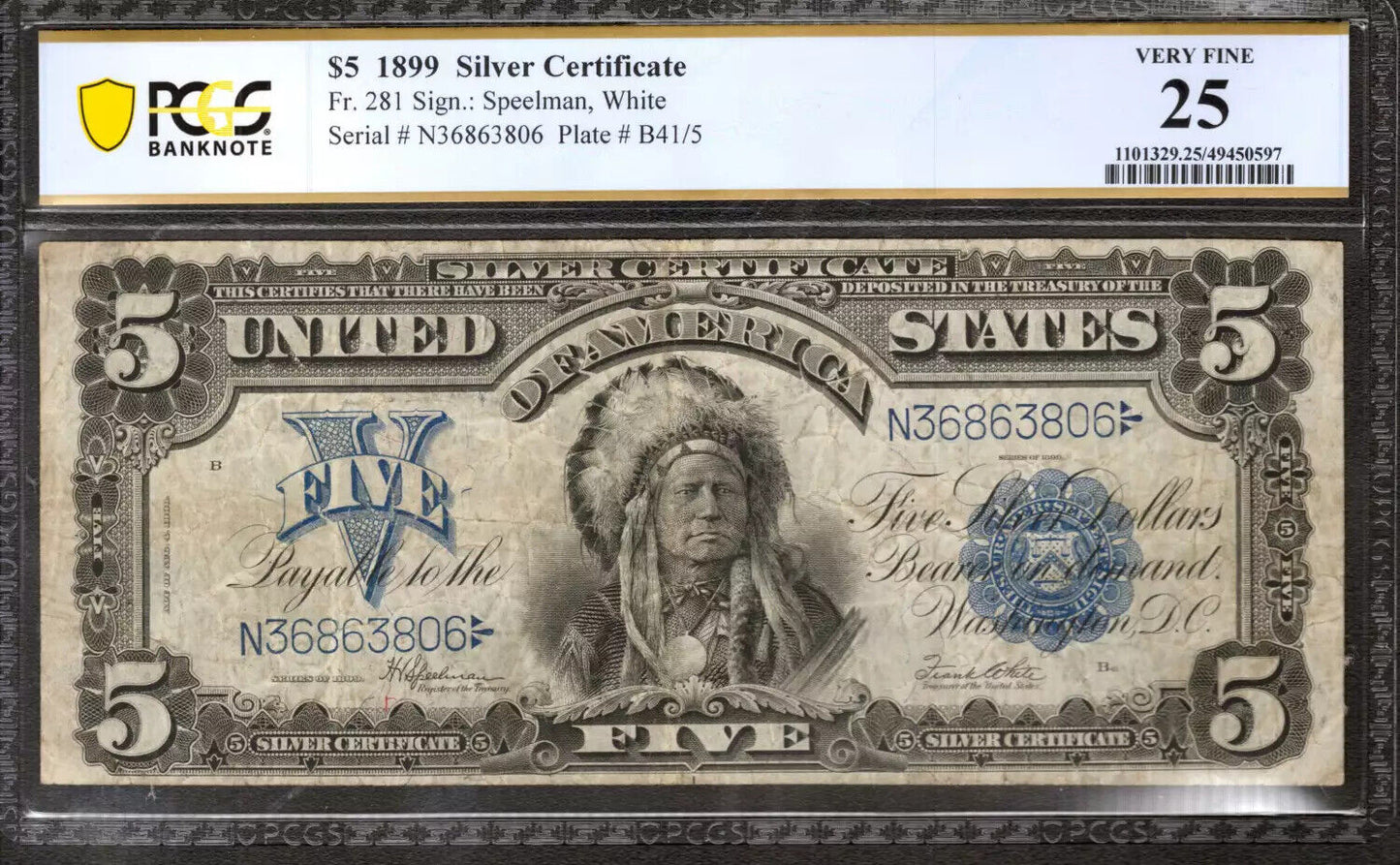 1899 5$ SILVER CERTIFICATE FR. 281 SPEELMAN WHITE PCGS VERY FINE 25