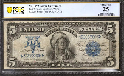 1899 5$ SILVER CERTIFICATE FR. 281 SPEELMAN WHITE PCGS VERY FINE 25