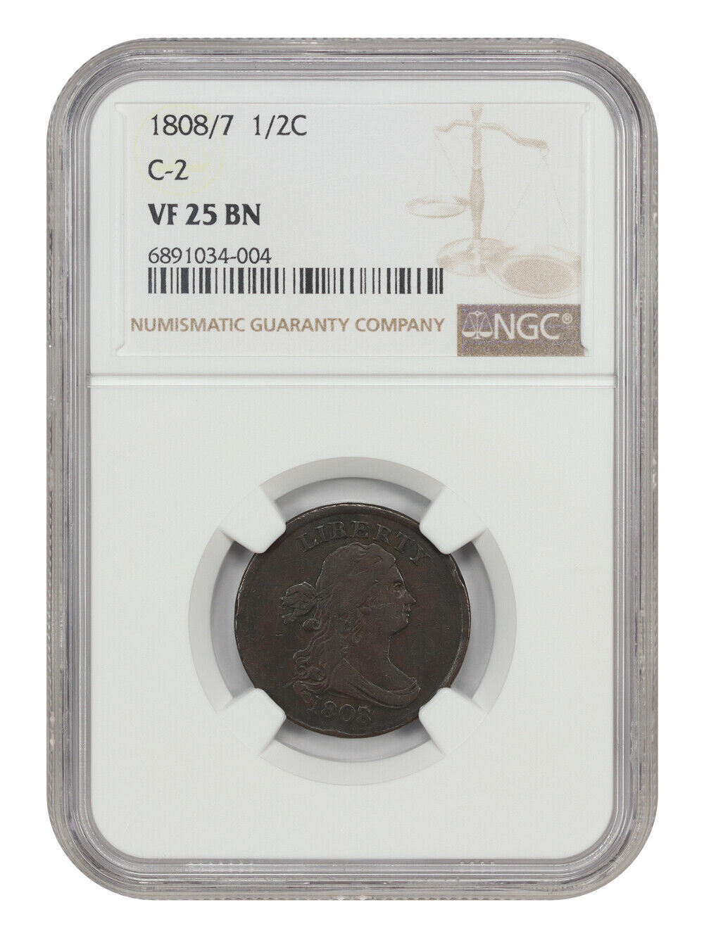 1808/7 1/2C NGC VF25 (Cohen-2) - Draped Bust Half Cent