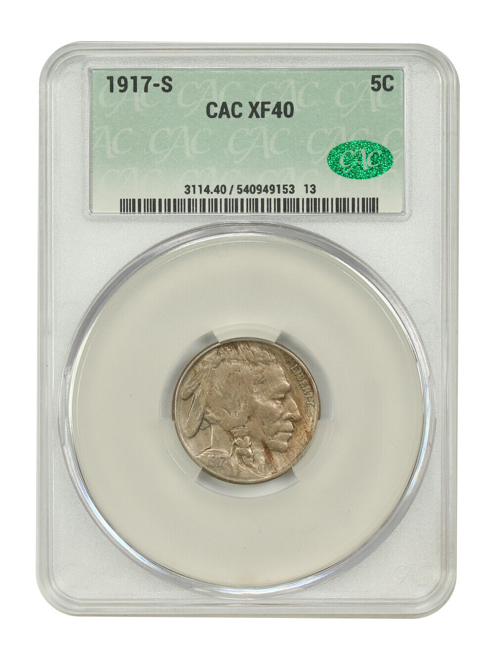 1917-S 5C CACG XF40 - Buffalo Nickel