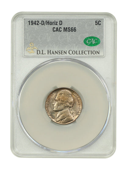 1942-D/Horizontal D 5C CACG MS66 ex: D.L. Hansen - Jefferson Nickel