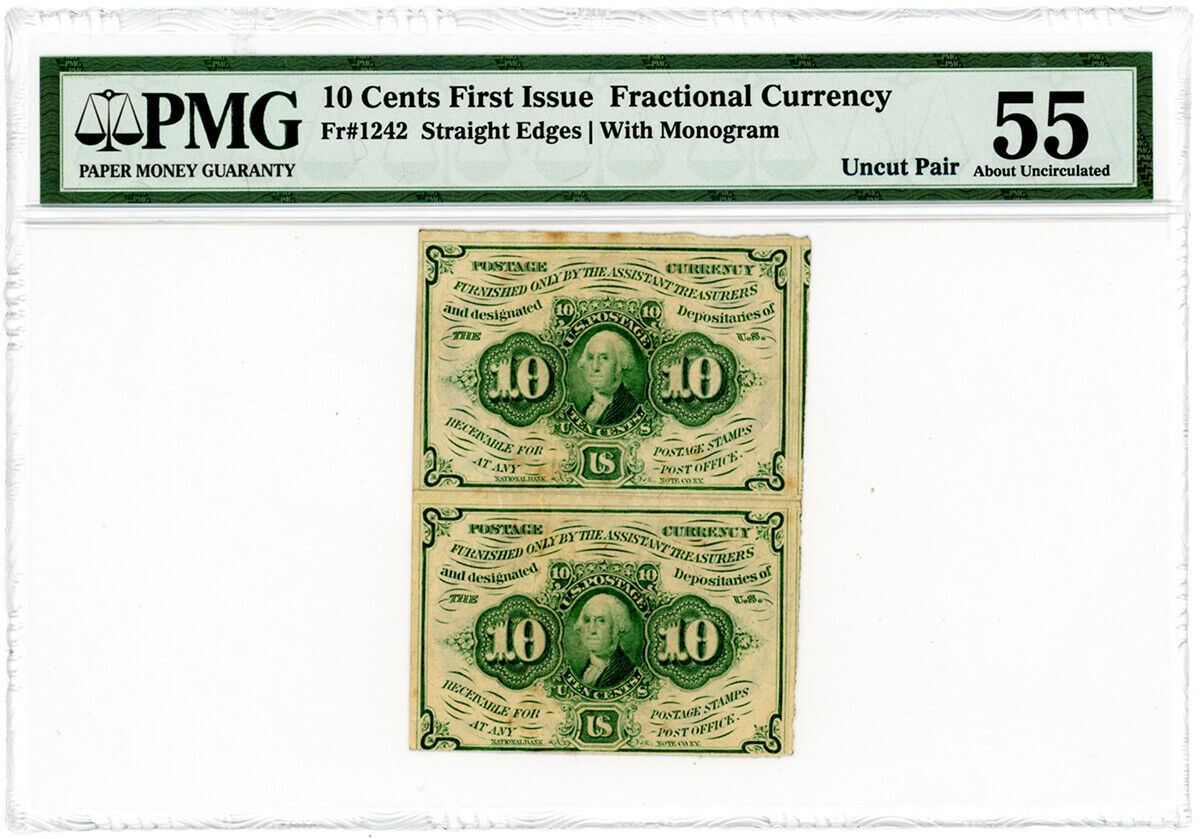 FR. 1242 10 Cents Fractional PMG AU55 (Uncut Pair, 1st Issue, Monogram, Minor St