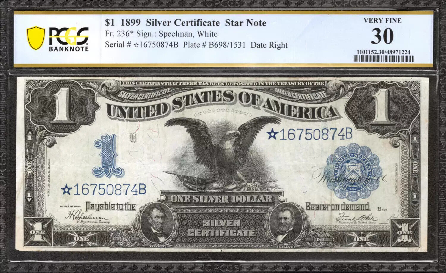 1899 $1 SILVER CERTIFICATE STAR NOTE FR.236* BLACK EAGLE PCGS 30 VERY FINE (874B