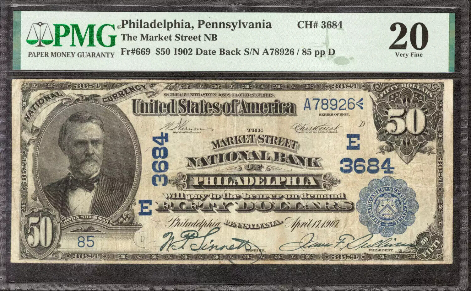 1902 $50 MARKET STREET NATIONAL BANKNOTE CURRENCY PHILADELPHIA PA PMG VF 20