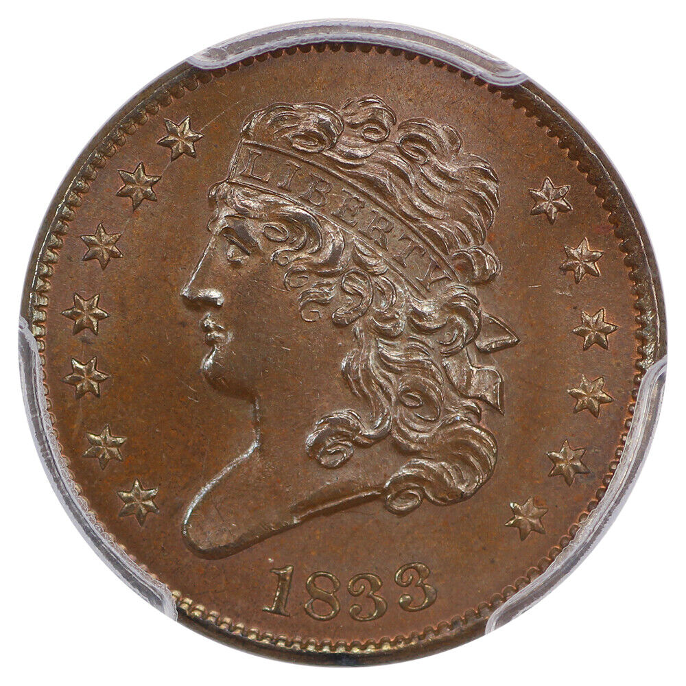 1833 1/2C PCGS/CAC MS66BN