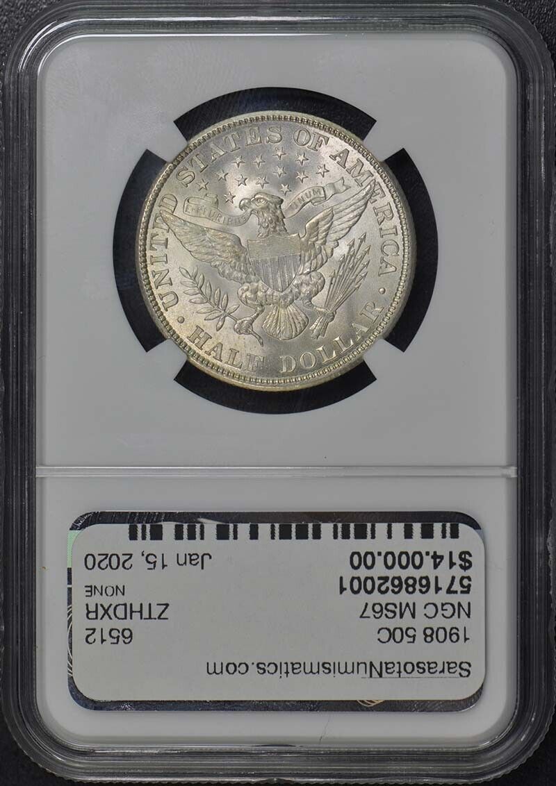 1908 Barber Half Dollar 50C NGC MS67