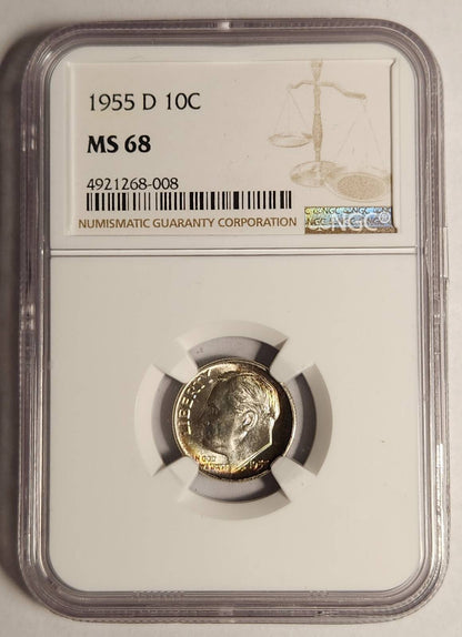 1955 D Dime Roosevelt NGC MS-68 - PRETTY COLORS!