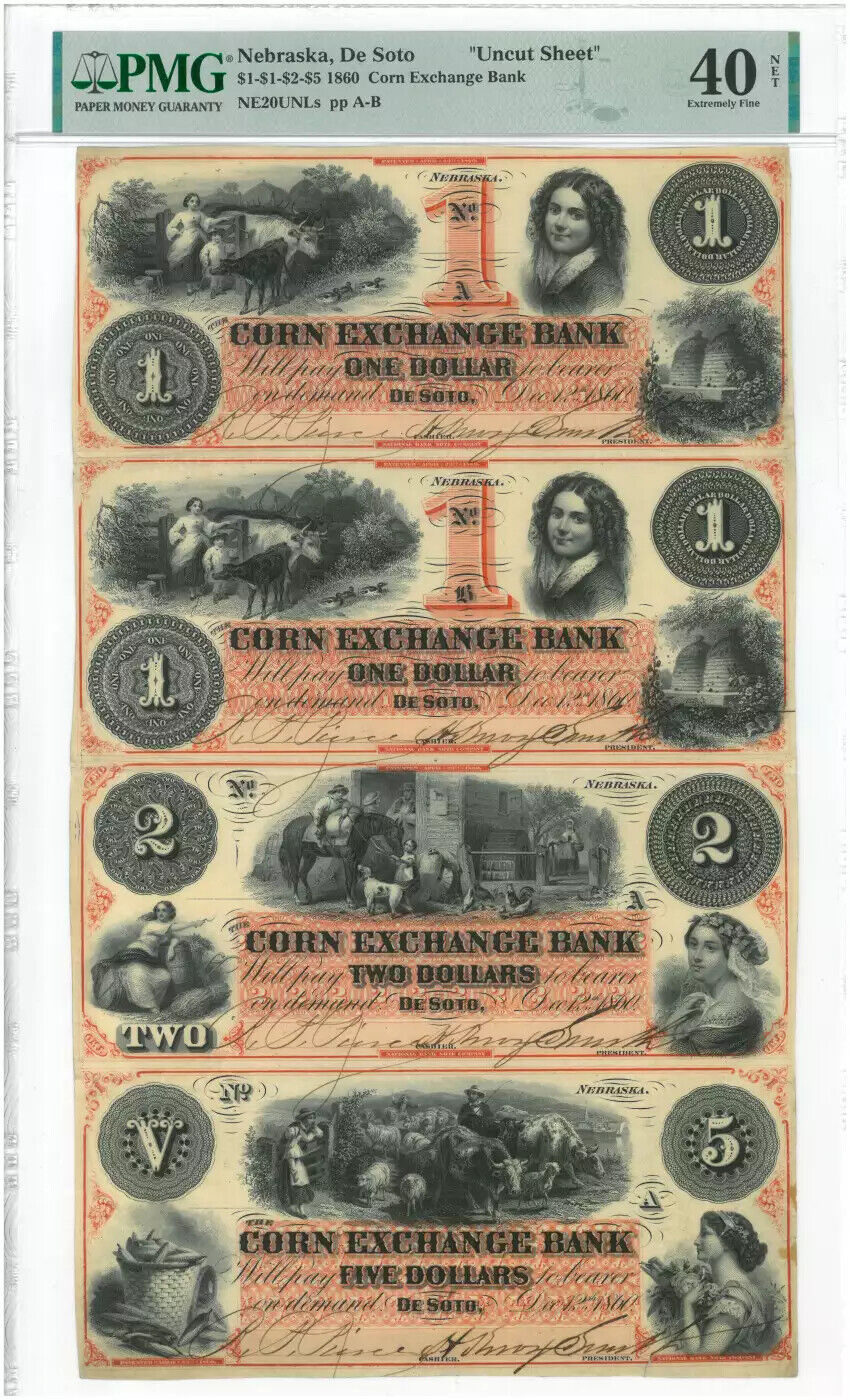 1860 $1 $1 $2 $5 DE SOTO NEBRASKA CORN EXCHANGE BANK UNCUT SHEET PMG 40 NET