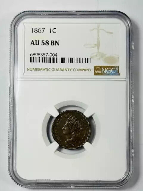 1867 P Small Cents Indian Head Penny NGC AU-58 BN