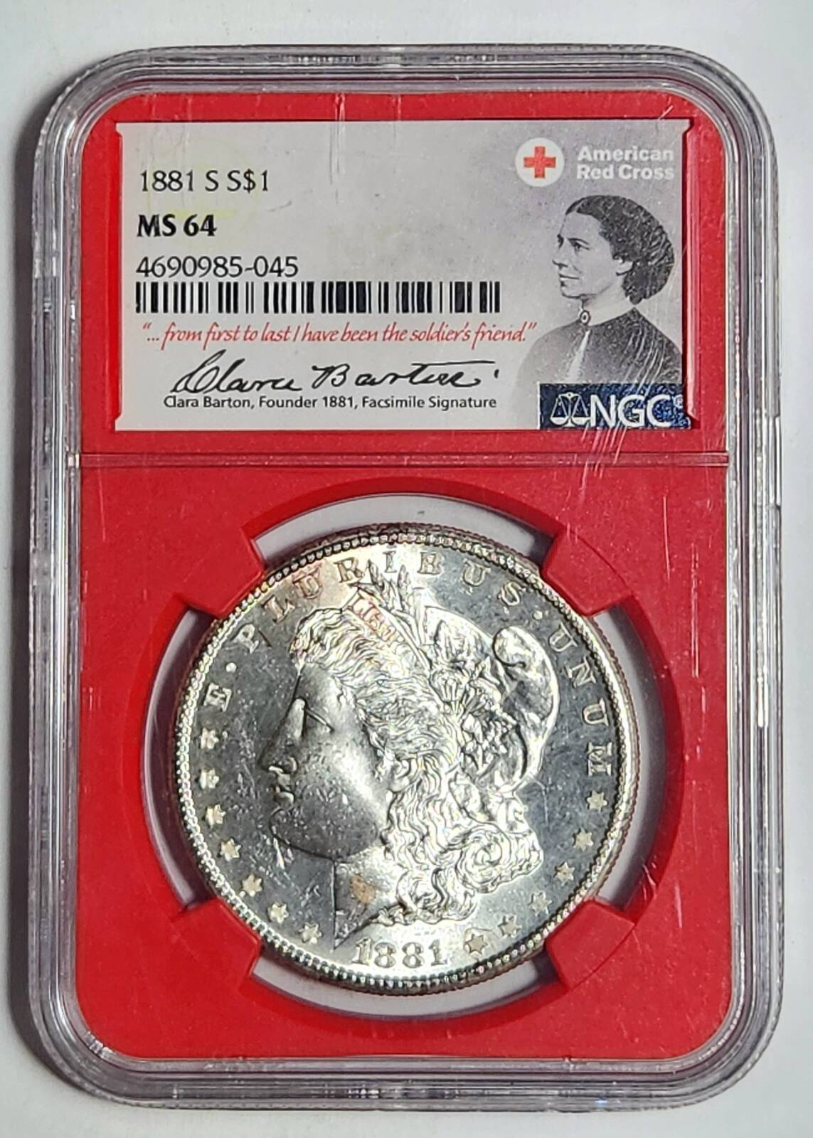 1881 S Morgan Silver Dollar NGC MS-64 - AM RED CROSS - CLARA BARTON FOUNDER