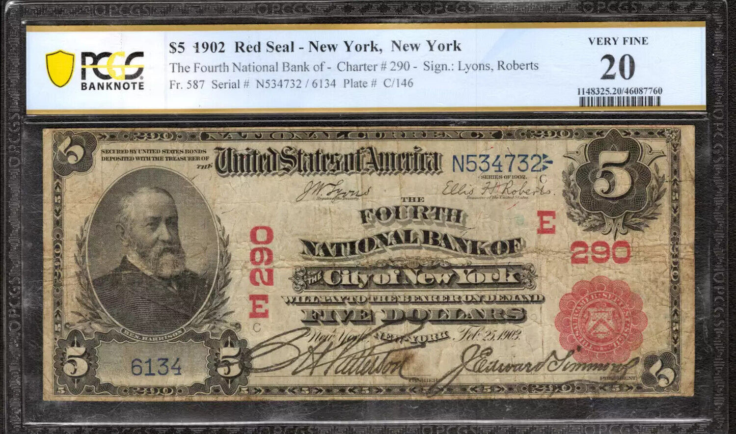 1902 RS $5 FOURTH NATIONAL BANKNOTE CURRENCY NEW YORK NY PCGS B VERY FINE VF 20