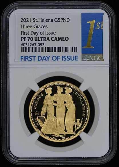 2021 St Helena Three Graces Gold 5 Pounds First Day NGC PR70DCAM