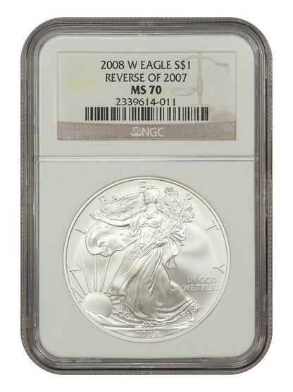 2008-W $1 Silver Eagle NGC MS70 (Reverse of 2007, Burnished) - Silver Eagles